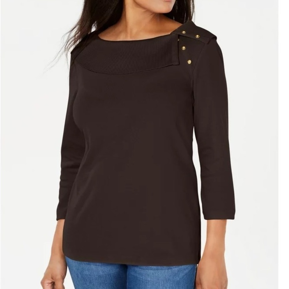 Brown Cotton Shawl Collar Button 3/4 Sleeve Top Size Large